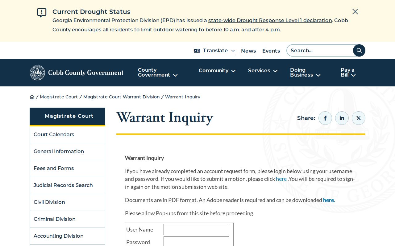 Cobb County warrant records inquiry contact